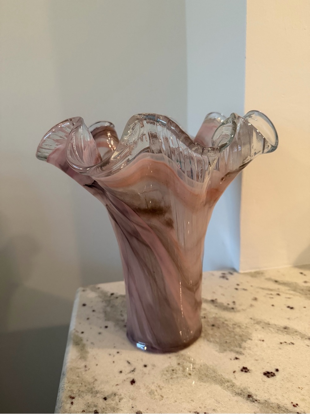 Murano Pink and Clear Swirl Ruffled Glass Vase